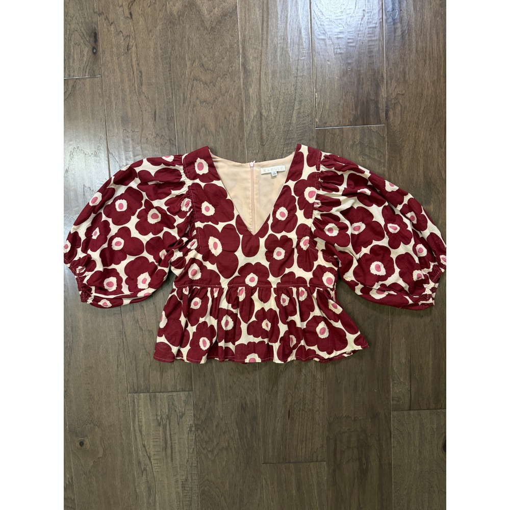 Karlie Burgundy Floral Puff‎ Sleeve Peplum Top V-Neck Cotton Blouse Small
